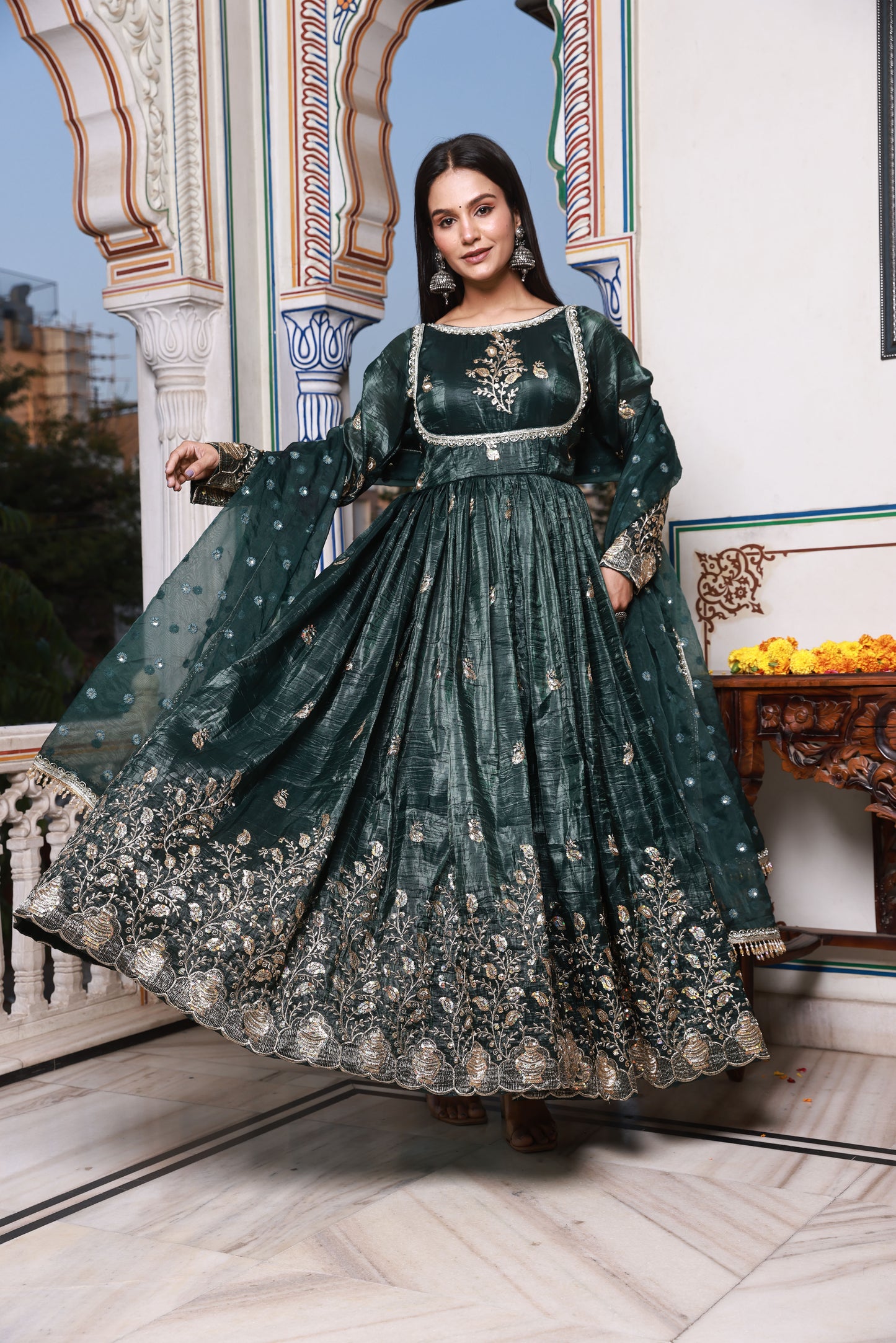 Midnight Green Embroidered Silk Anarkali