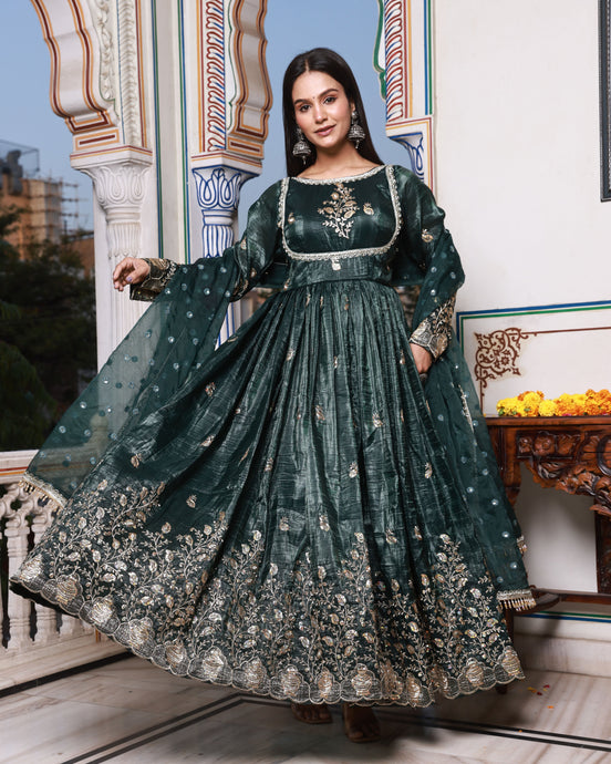 Midnight Green Embroidered Pant-Style Silk Anarkali