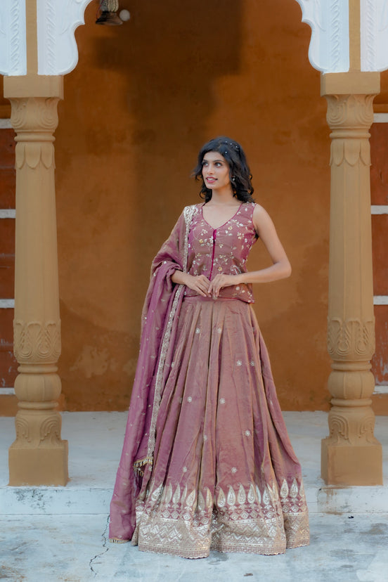 Purple Hand Embroidery Silk Lehenga