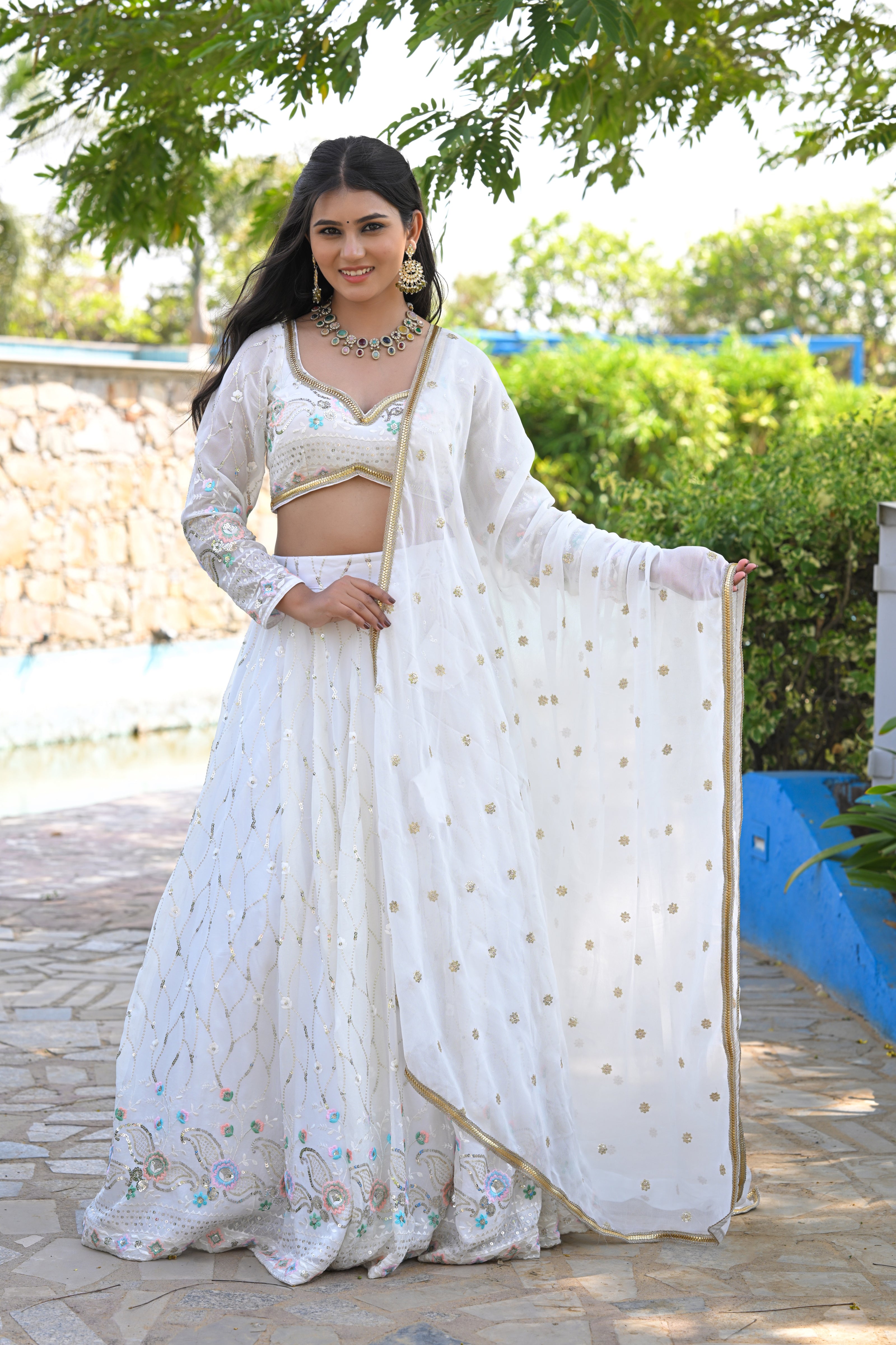 White Multicolor Floral Embroidered Georgette Lehenga