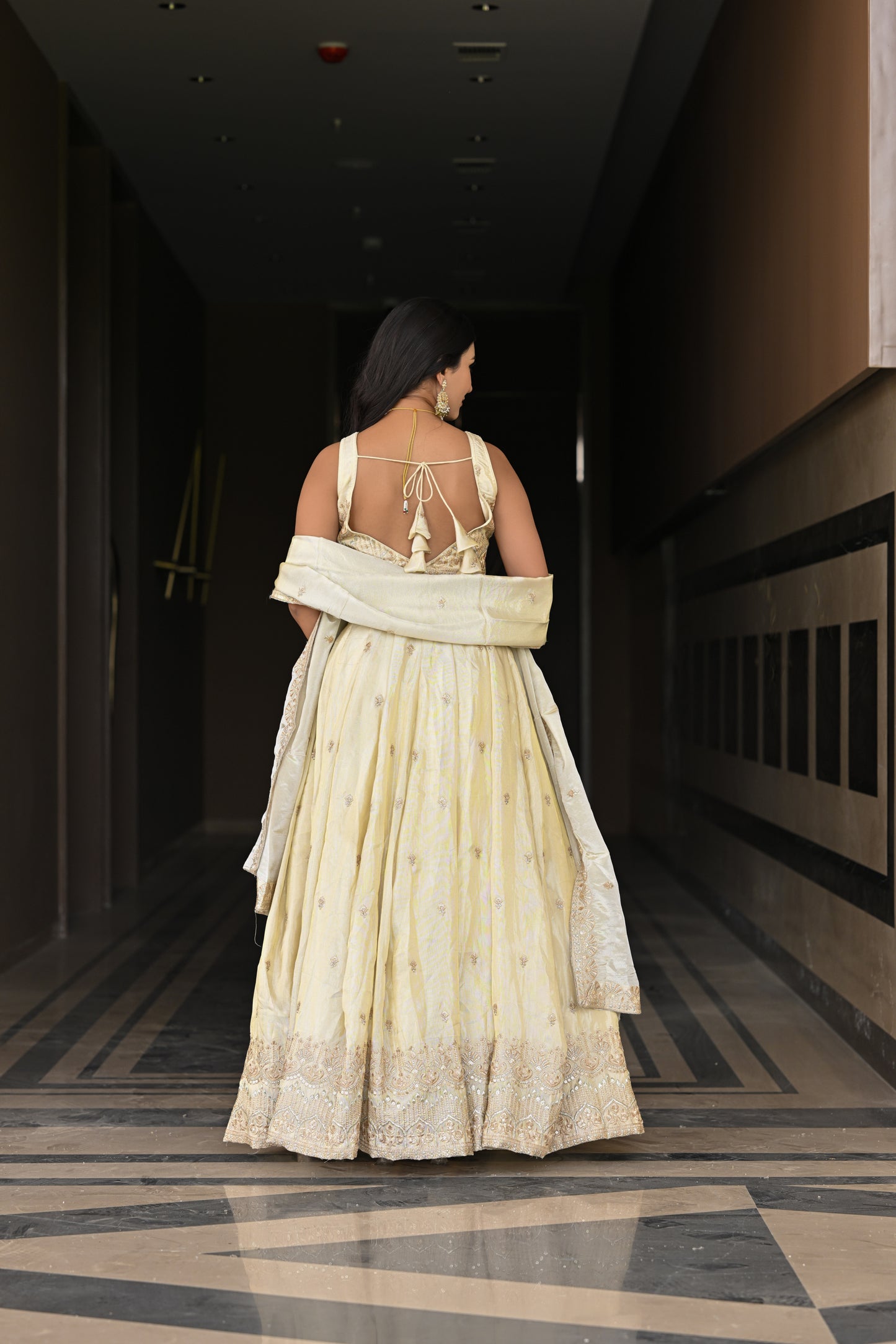 Off-White and Beige Embroidered Silk Lehenga