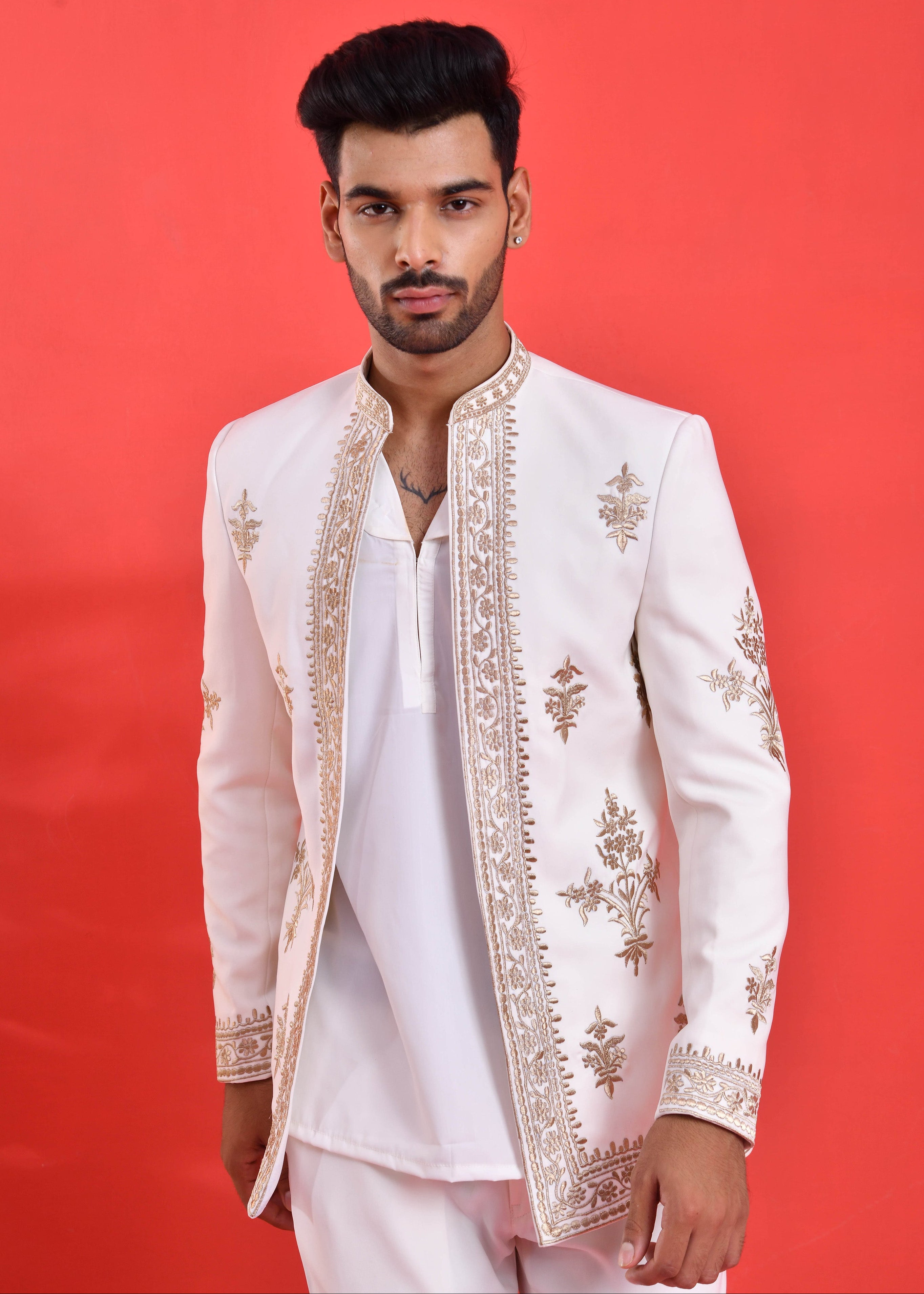 White Embroidered Japanese Silk Indo-Western Suit