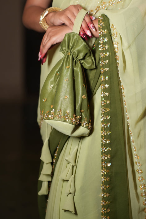 Light Green and Moss Green Hand Embroidered Georgette Saree