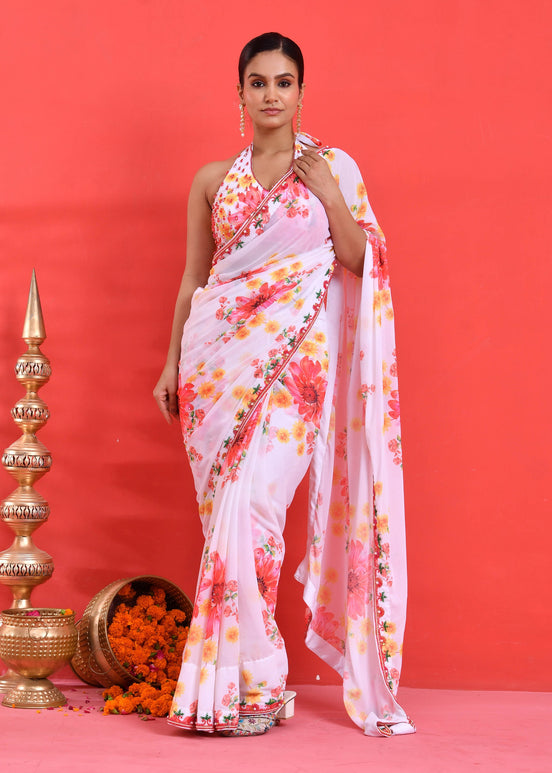 White Floral Hand-Embroidered Georgette Saree