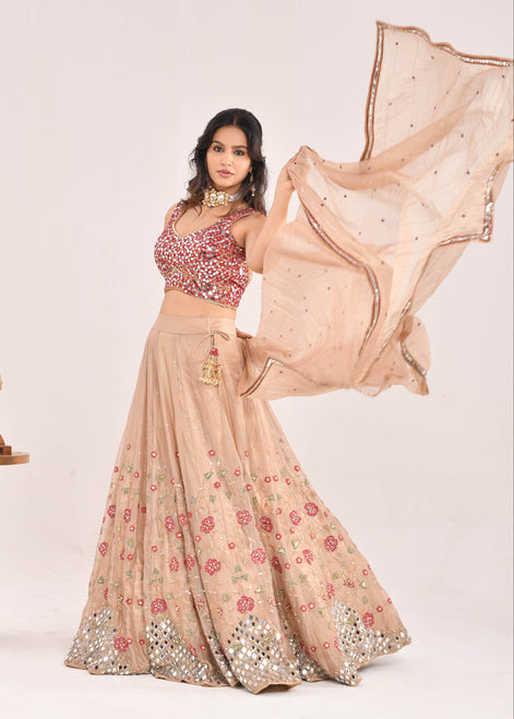 Gold and Red Embroidered Raw Tissue Lehenga