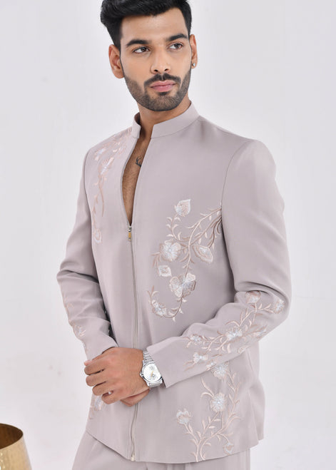 Taupe Embroidered Crepe Bandhgala Indo-Western Suit