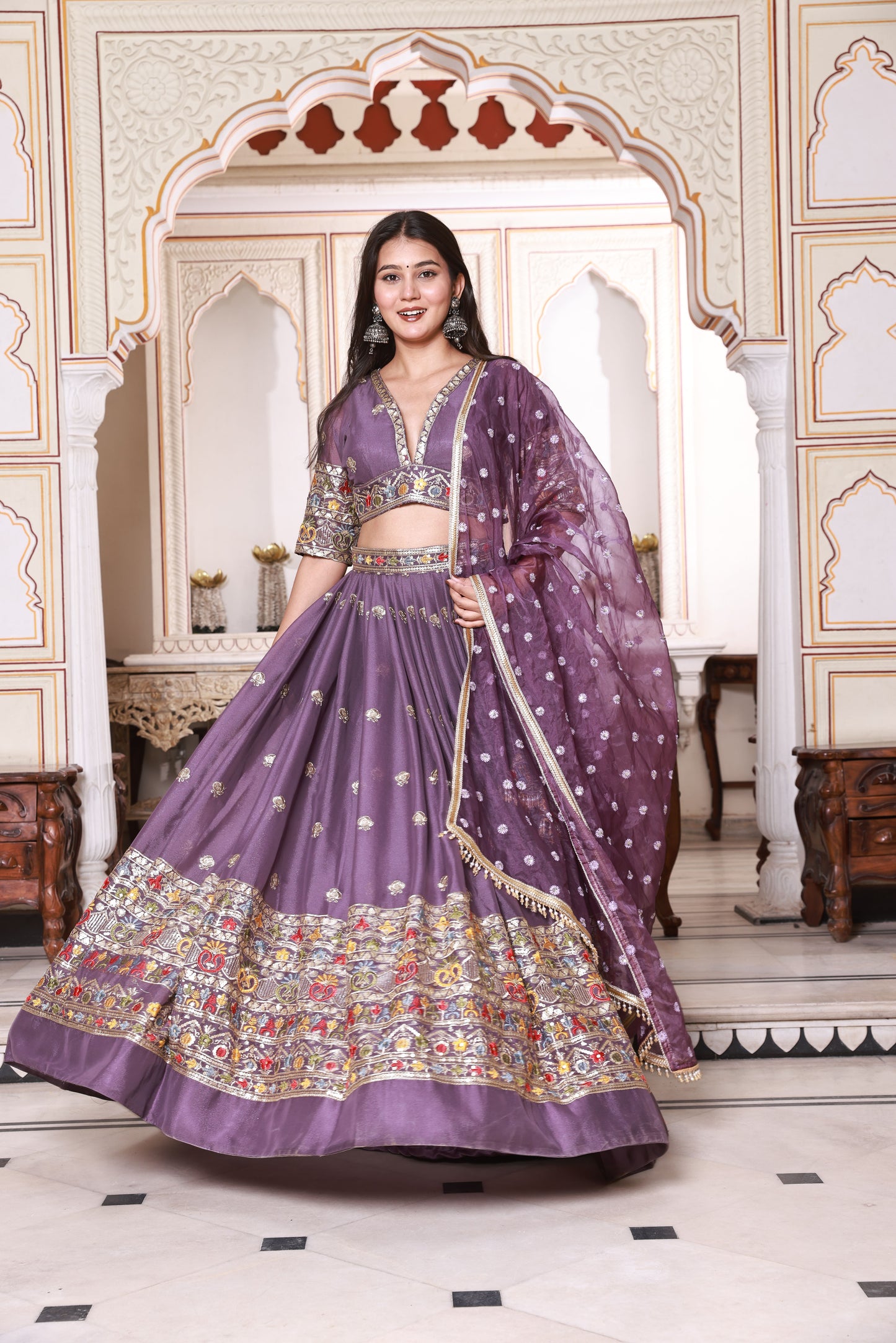 Plum Embroidered Silk Lehenga