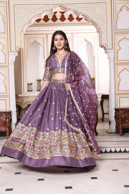 Plum Embroidered Silk Lehenga