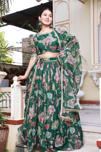 Emerald Green Floral Print Embroidered Organza Lehenga