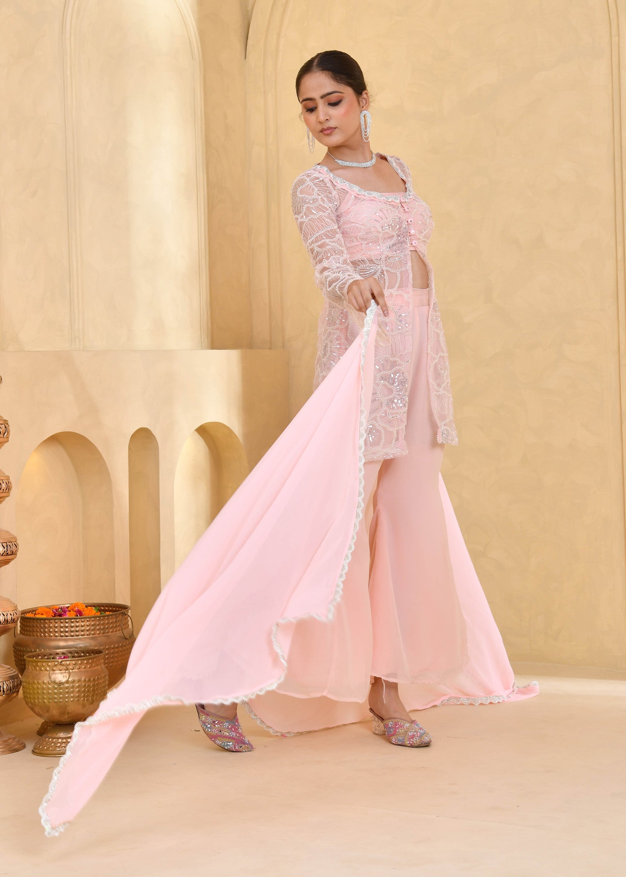 Light Pink Hand-Embroidered Georgette Sharara Suit