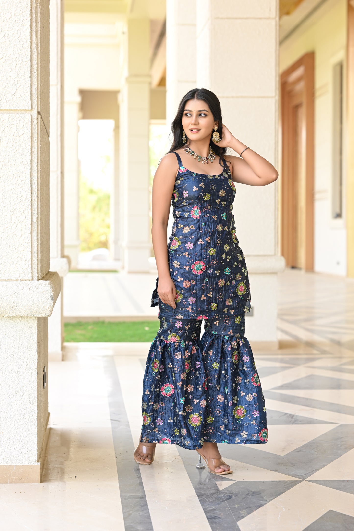 Navy Blue Multicolor Floral Embroidered Garara