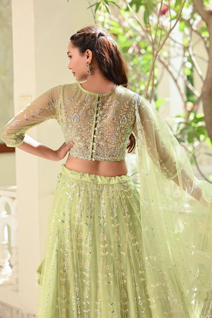 Light Pastel Green Sparkle Embroidered Net Lehenga