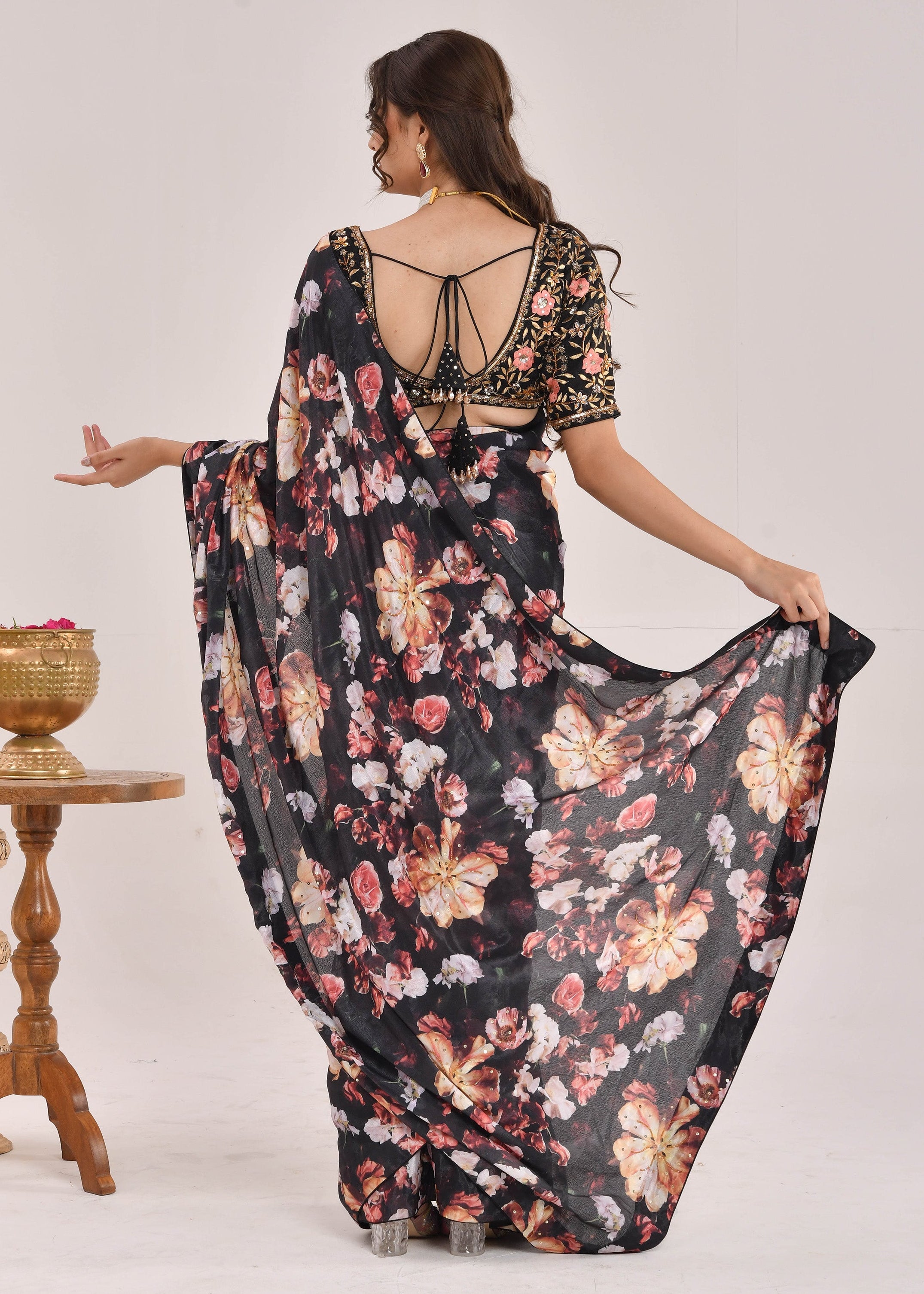 Black Floral Printed Hand-Embroidered Chiffon Saree
