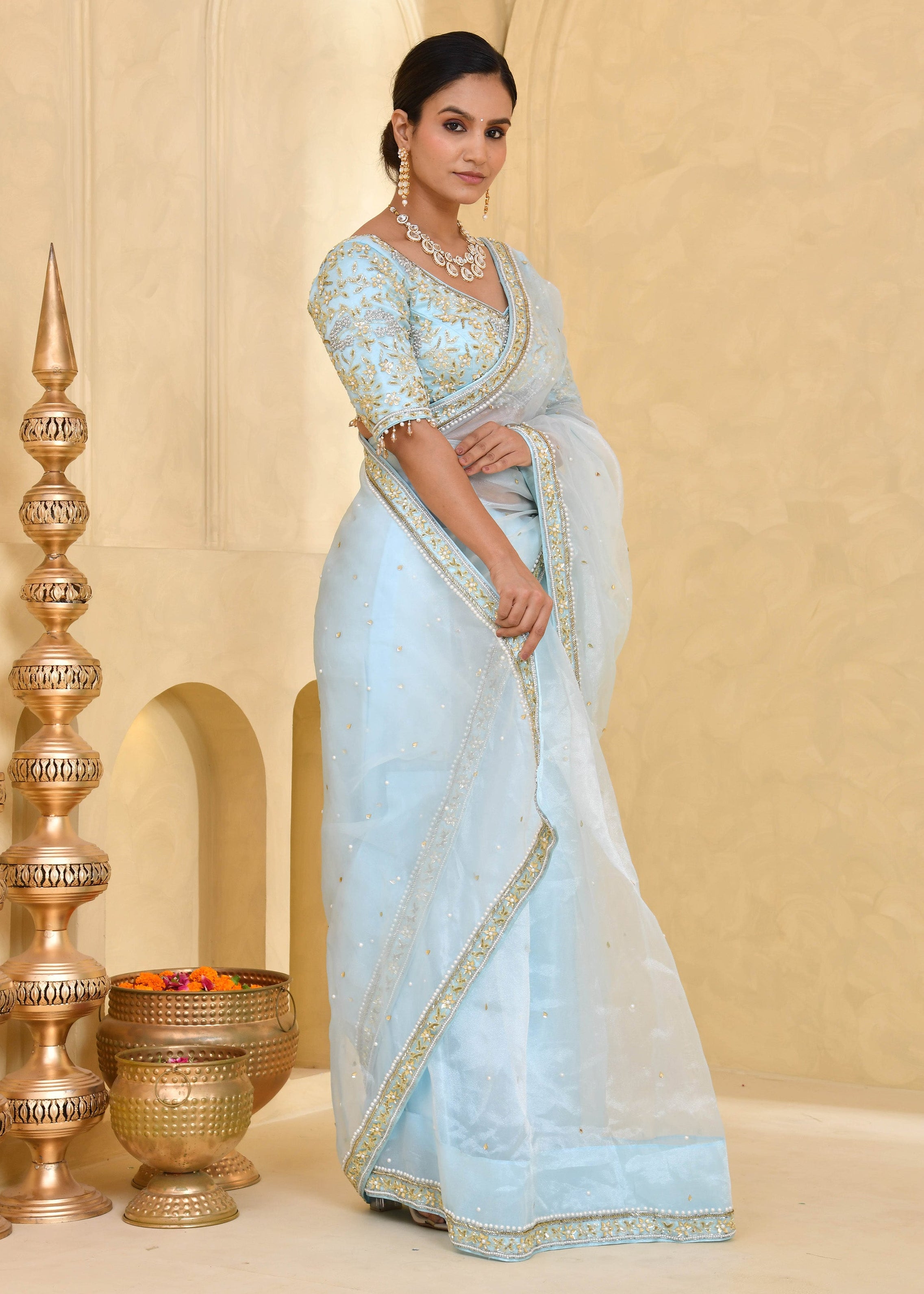 Sky Blue Hand-Embroidered Tissue Saree