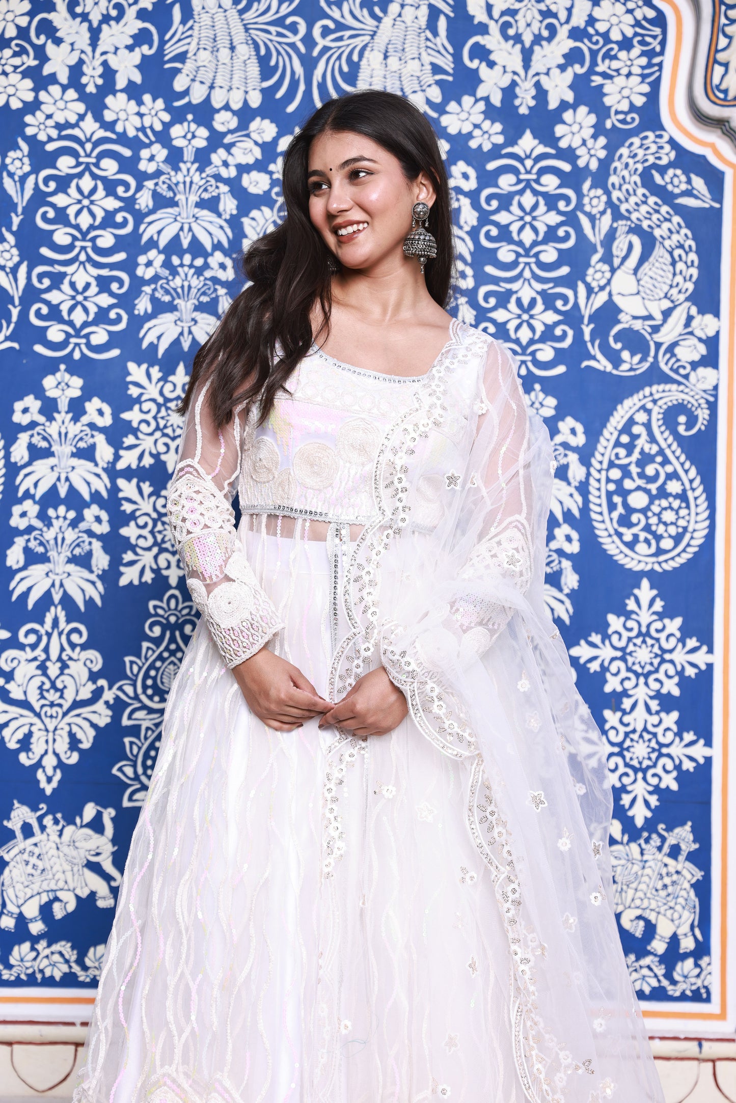 White Floral Embroidered Anarkali Style Net Lehenga