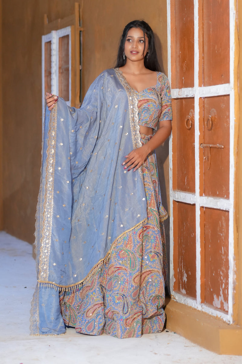 Dusty Blue Multicolor Embroidered Georgette Lehenga