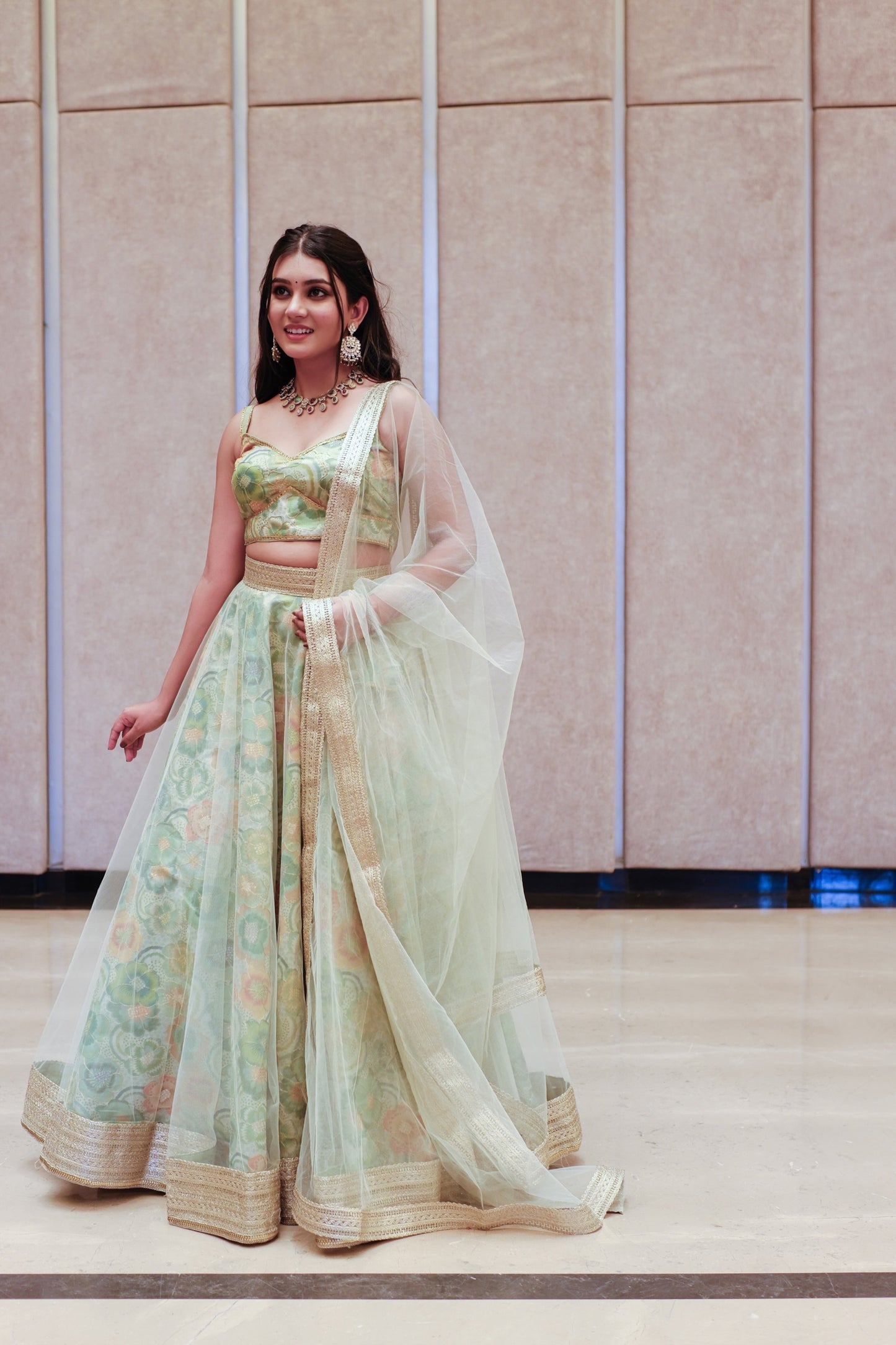 Mint Green Multicolor Floral Embroidered Net Lehenga