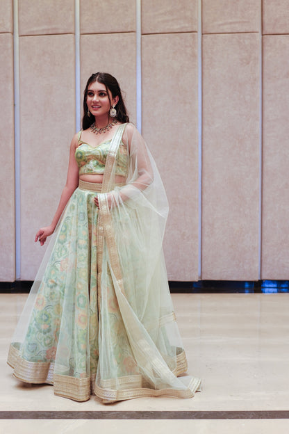 Mint Green Multicolor Floral Embroidered Net Lehenga