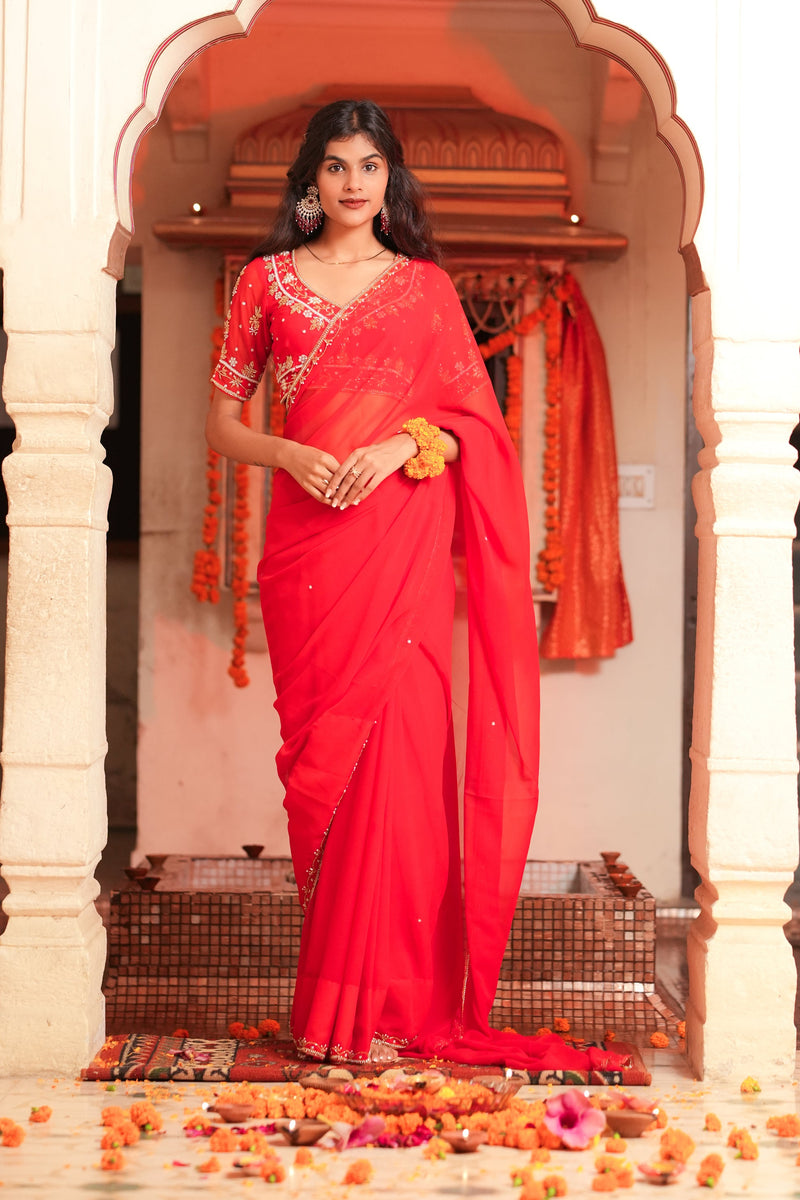 Red Hand Embroidered Georgette Saree
