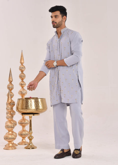 Powder Blue Hand-Embroidered Silk Kurta Set