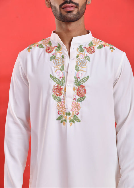 White Floral Hand-Embroidered Japanese Satin Kurta Set