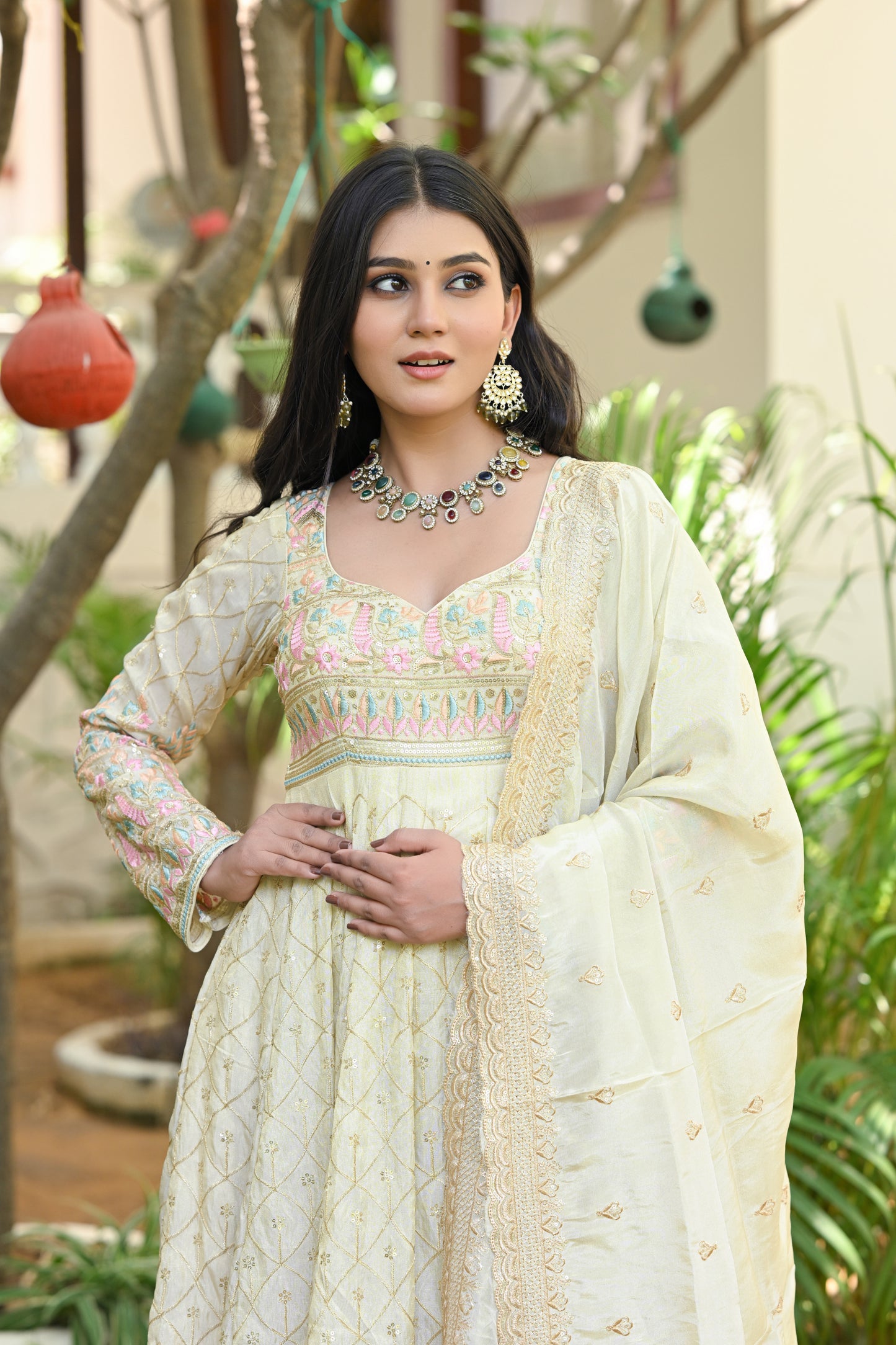 Beige Multicolor Floral Embroidered Silk Anarkali