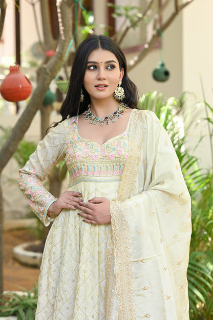 Beige Multicolor Floral Embroidered Silk Anarkali