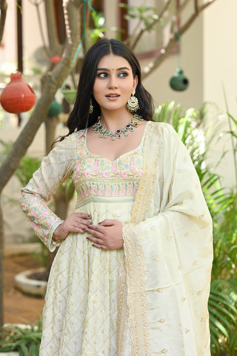 Beige Multicolor Floral Embroidered Silk Anarkali