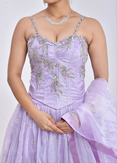 Lavender Hand-Embroidered Organza Lehenga