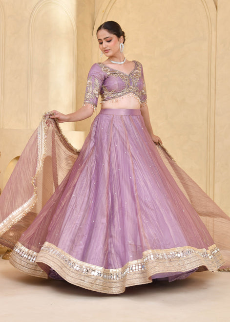 Mauve Purple Hand-Embroidered Tissue Lehenga