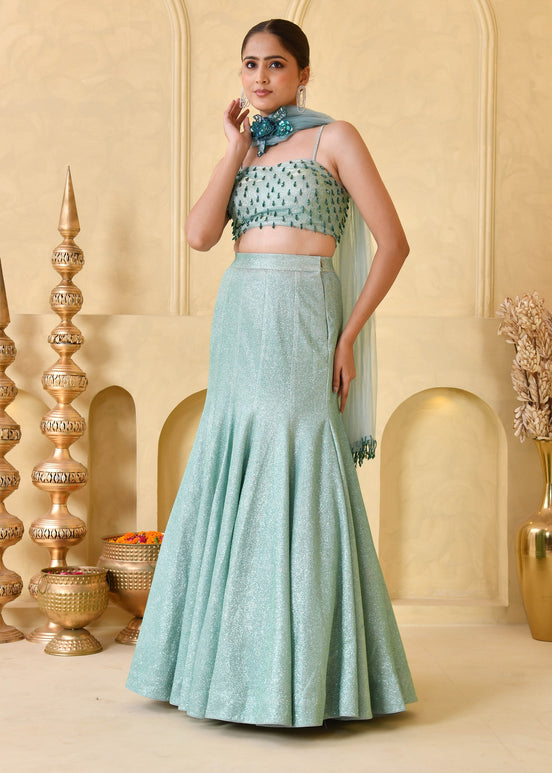 Mint Green Hand-Embroidered Shimmer Lycra Fishcut Lehenga