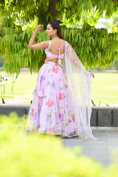 Lavender Multicolor Floral Embroidered Organza Lehenga