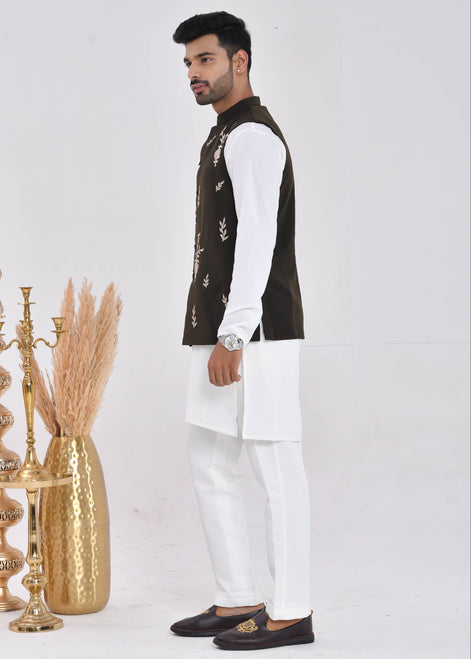 Dark Green Embroidered Raw Silk Nehru Jacket Set