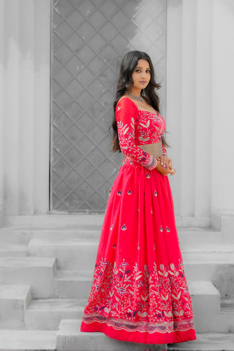 Red Hand Embroidered Silk Lehenga