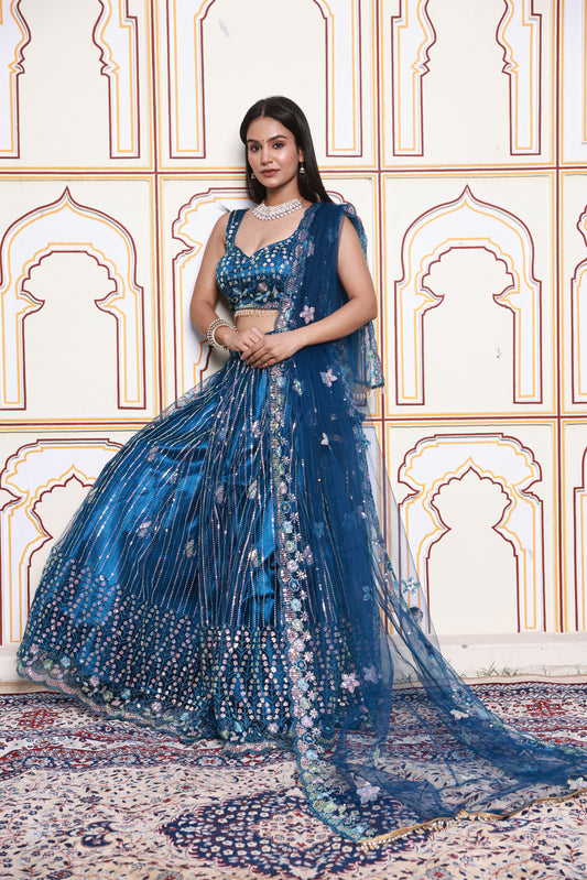 Dark Cerulean Sparkle Embroidered Net Lehenga