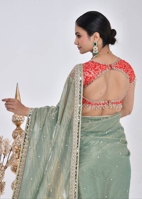 Sage Green Hand-Embroidered Tissue Saree