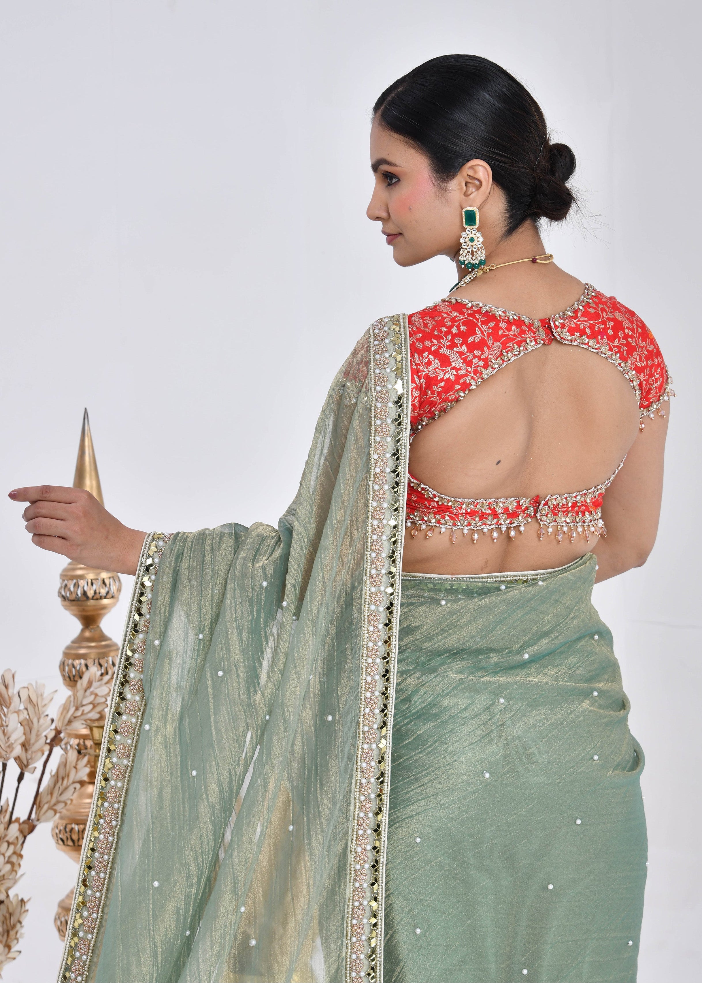 Sage Green Hand-Embroidered Tissue Saree