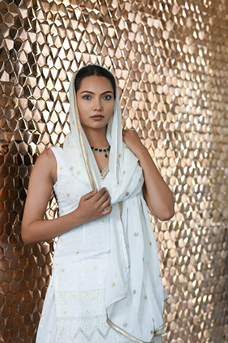 White and Gold Patterned Embroidered Sharara