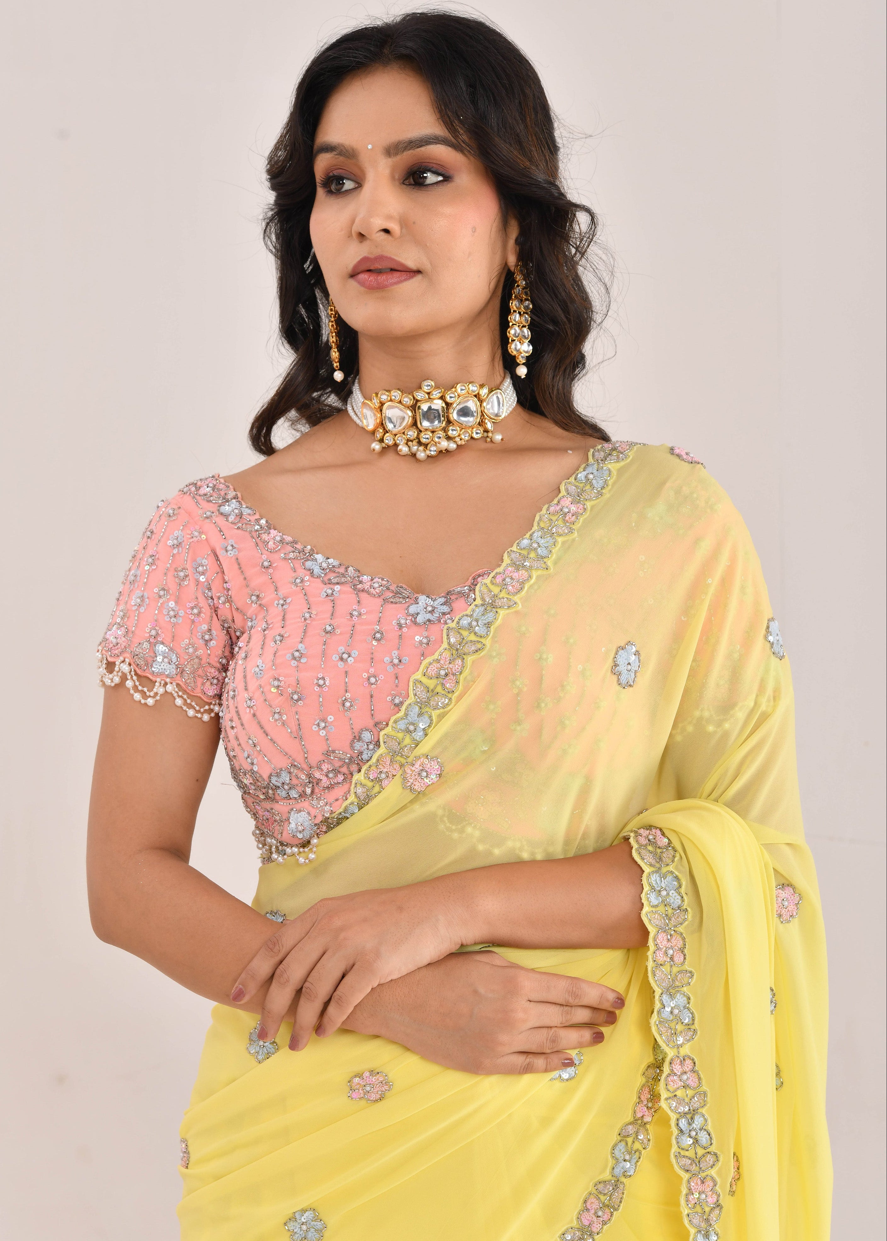 Yellow Hand-Embroidered Georgette Saree