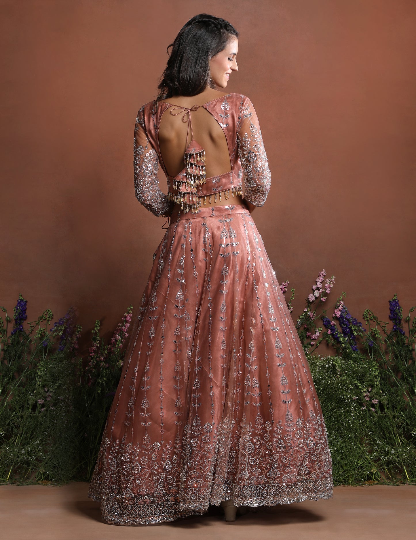 Dusty Rose Sparkle Embroidered Net Lehenga