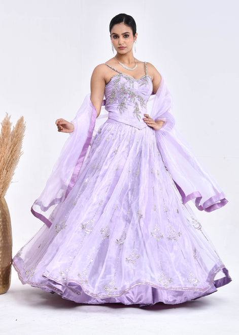 Lavender Hand-Embroidered Organza Lehenga