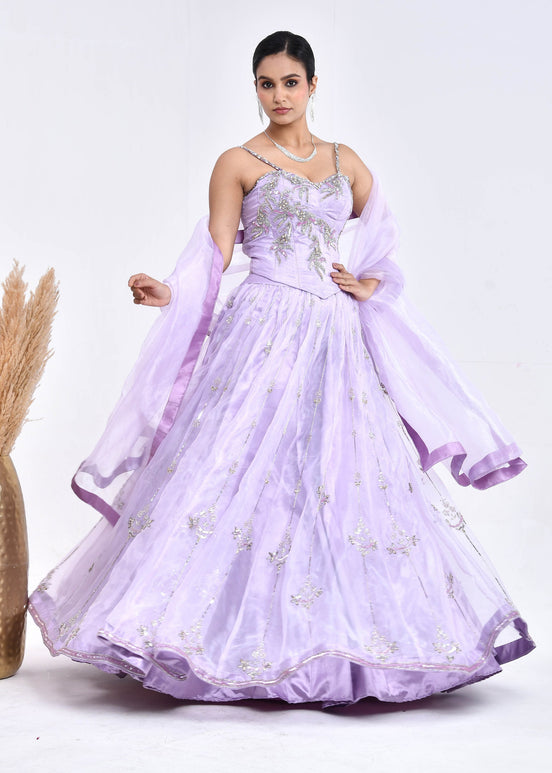 Lavender Hand-Embroidered Organza Lehenga