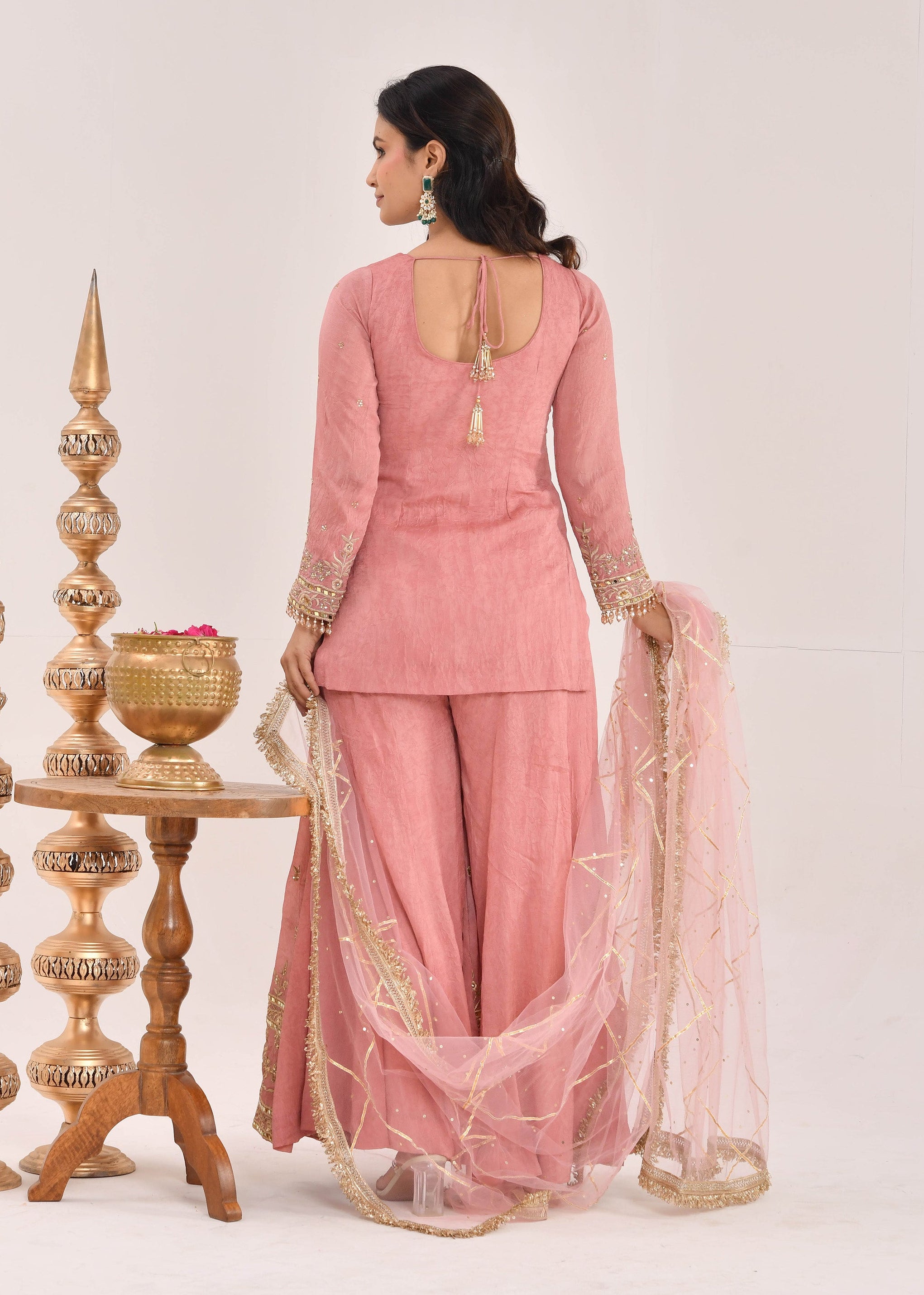Dusty Peach Embroidered Satin Sharara Suit