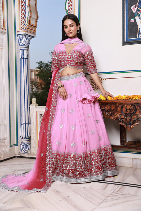 Pink and Red Embroidered Georgette Lehenga