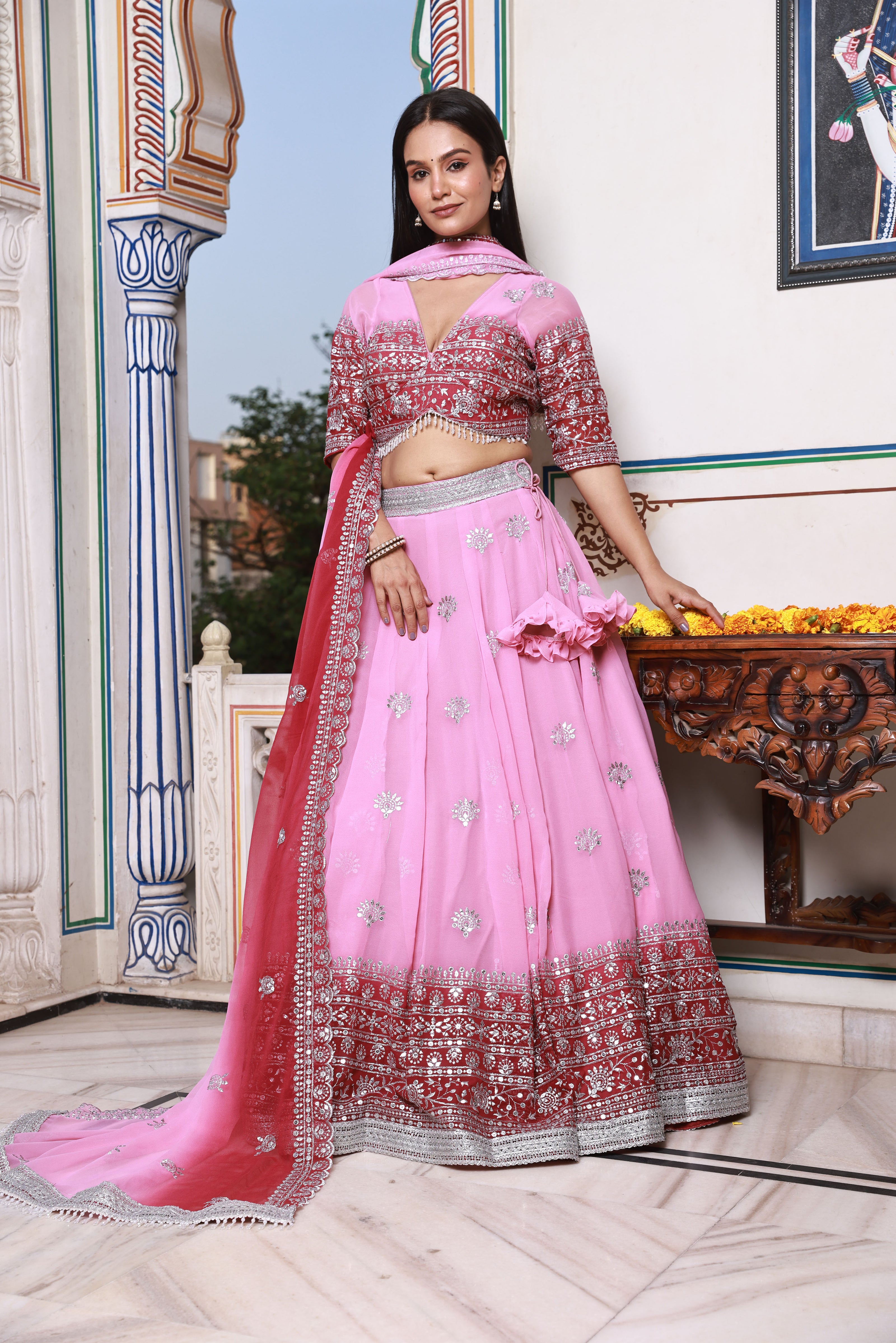 Pink and Red Embroidered Georgette Lehenga