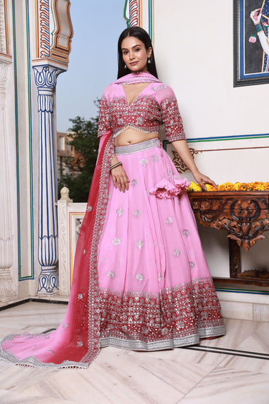 Pink and Red Embroidered Georgette Lehenga
