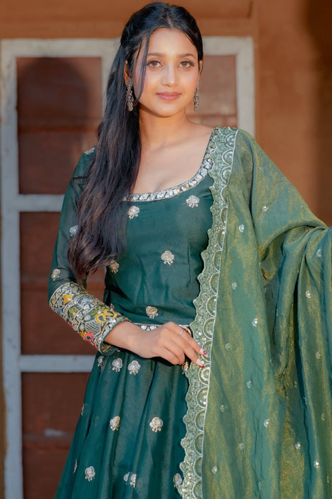 Green Embroidered Georgette Lehenga