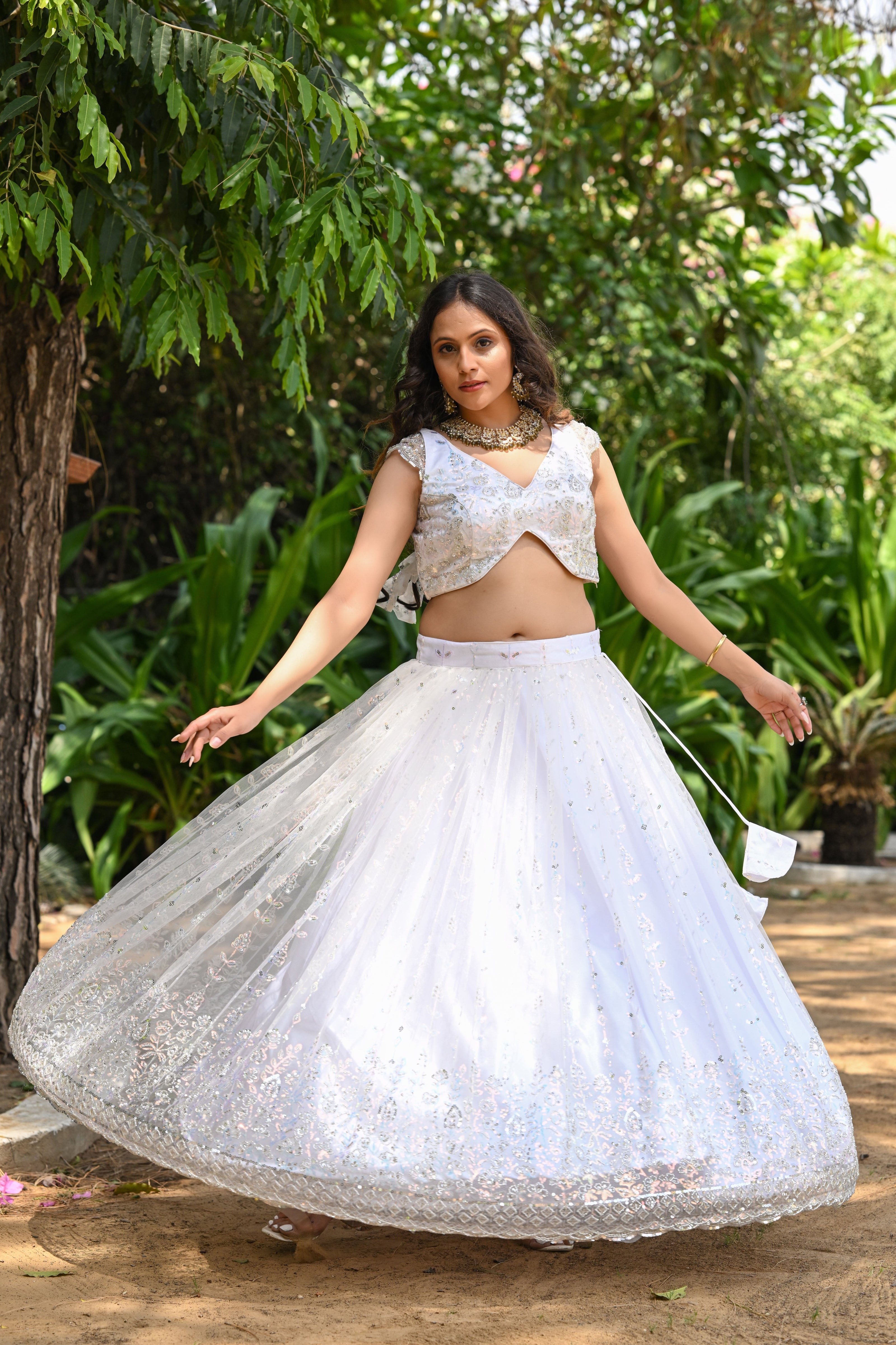 White Sparkle Embroidered Net Lehenga
