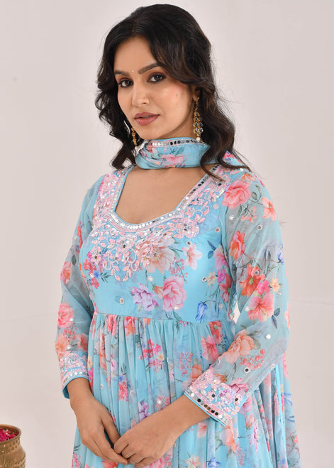Sky Blue Floral Printed Hand-Embroidered Georgette Anarkali Suit