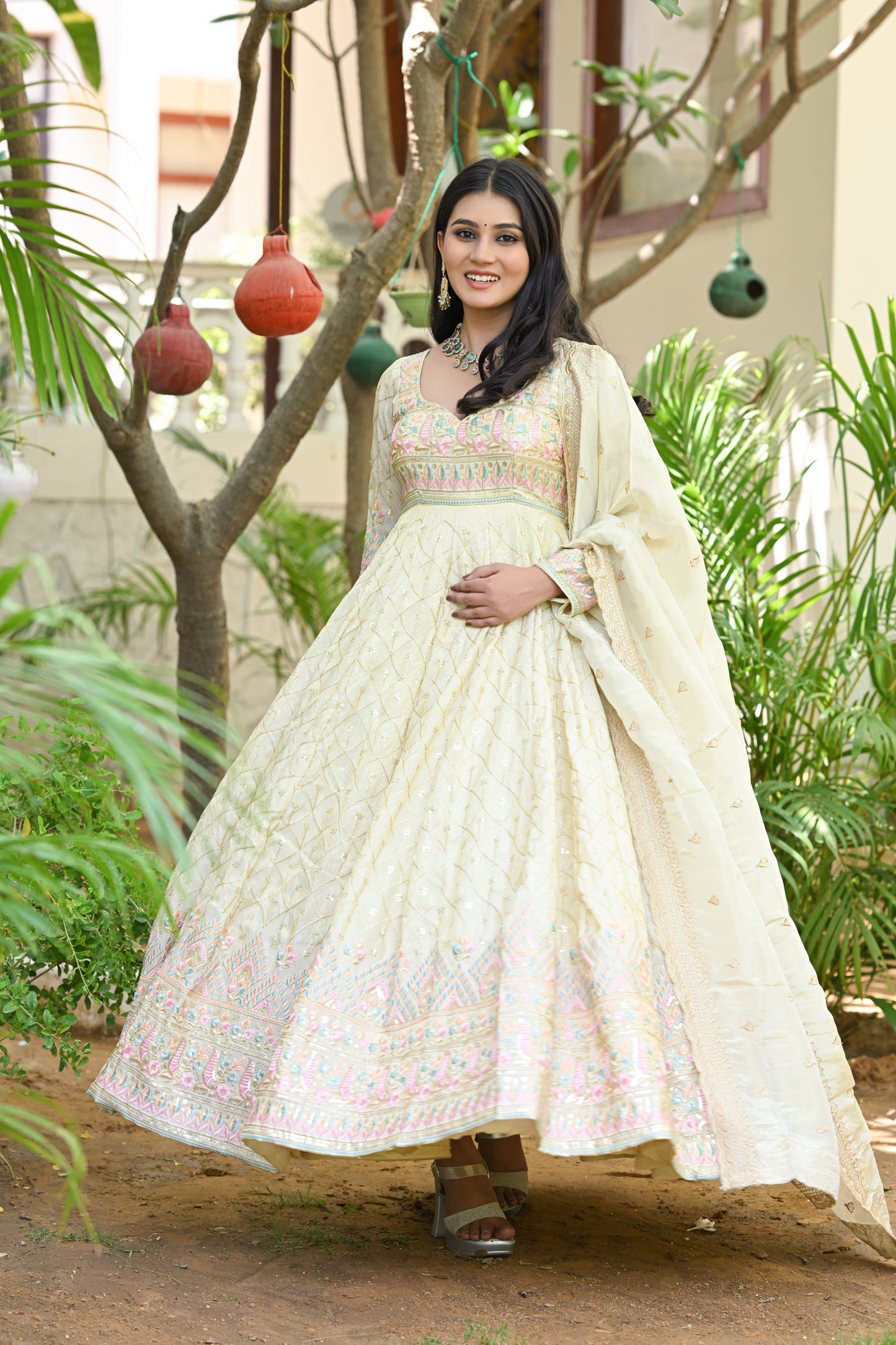 Beige Multicolor Floral Embroidered Silk Anarkali